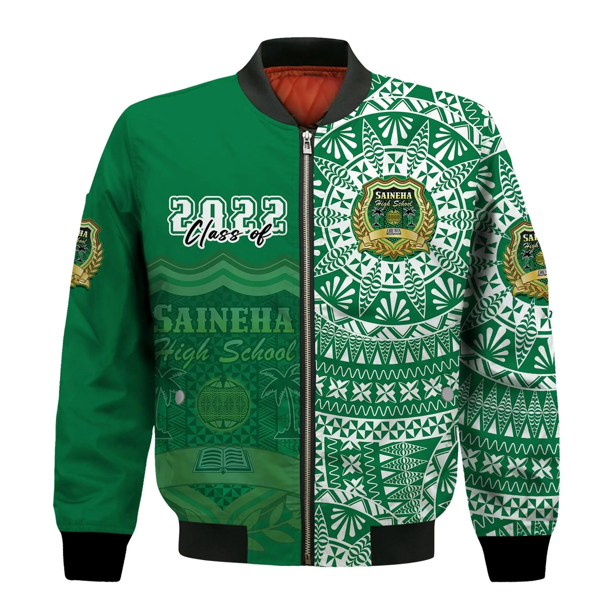 (Custom Text And Number) Tonga Saineha High School Bomber Jacket Class Of Year Tongan Ngatu Pattern LT14