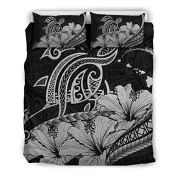 Hawaiian Map Hibiscus Turtle Polynesian Bedding Set Gray