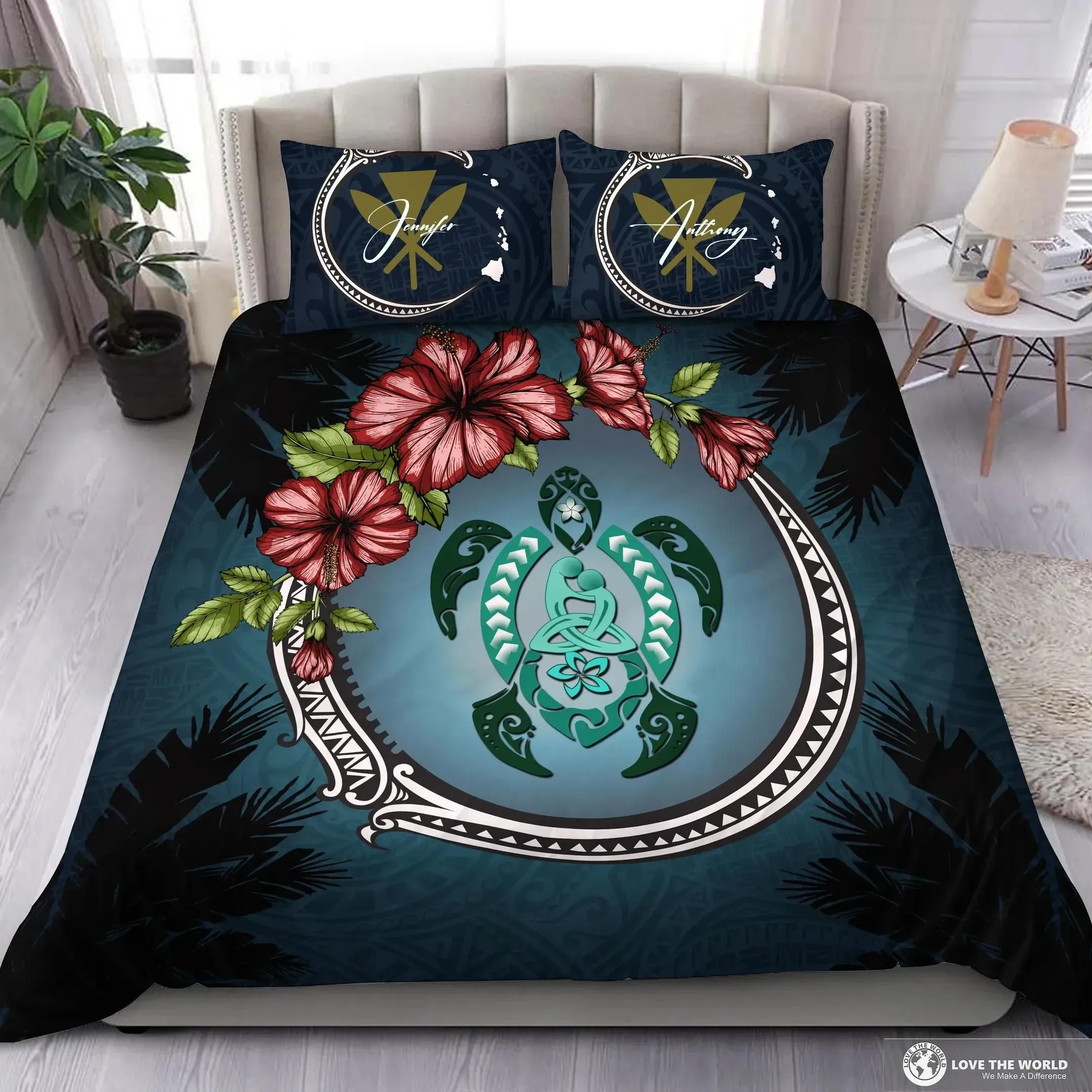FamilyGater Bedding Set - Cover and Pillow Cases (Custom) Kanaka Maoli (Hawaiian) -  Polynesian Ohana Turtle Hibiscus Mother Son Personal Signature A24
