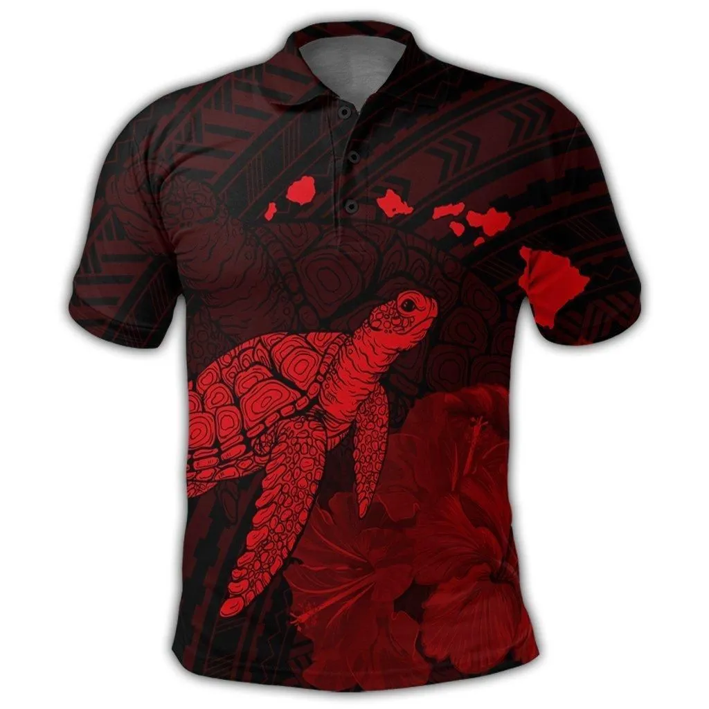 Hawaii Polynesian Hibiscus Turtle Map Polo Shirt Red