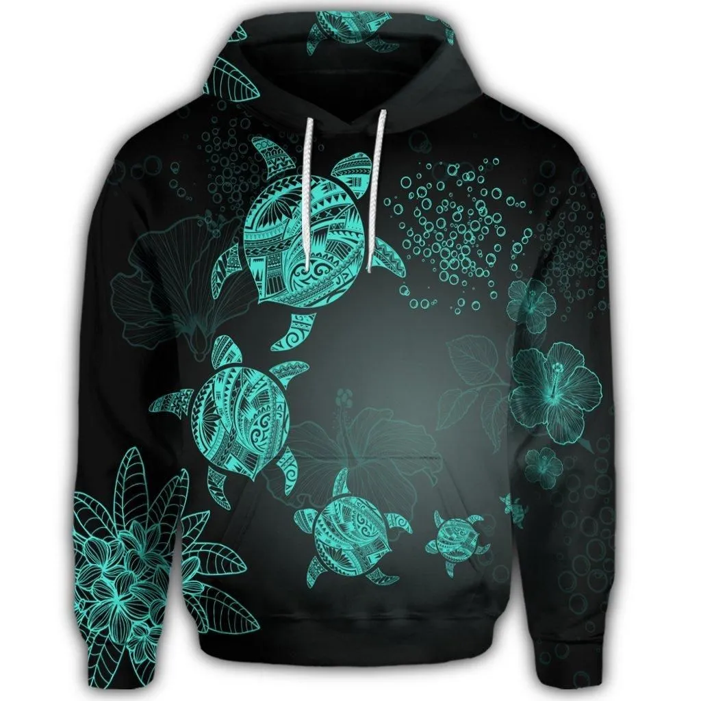 Hawaiian Plumeria Hibiscus Turtle Under Sea Polynesian Hoodie Blue AH