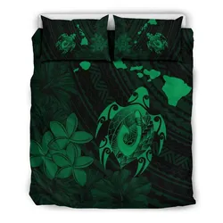 FamilyGater Home Set - Hawaiian Map Turtle Plumeria Hibiscus Fish Hook Polynesian Bedding Set Green - AH - J5
