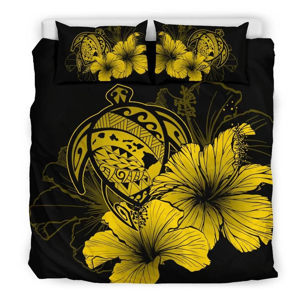 Hawaiian Map Hibiscus Turtle Polynesian Bedding Set - Yellow