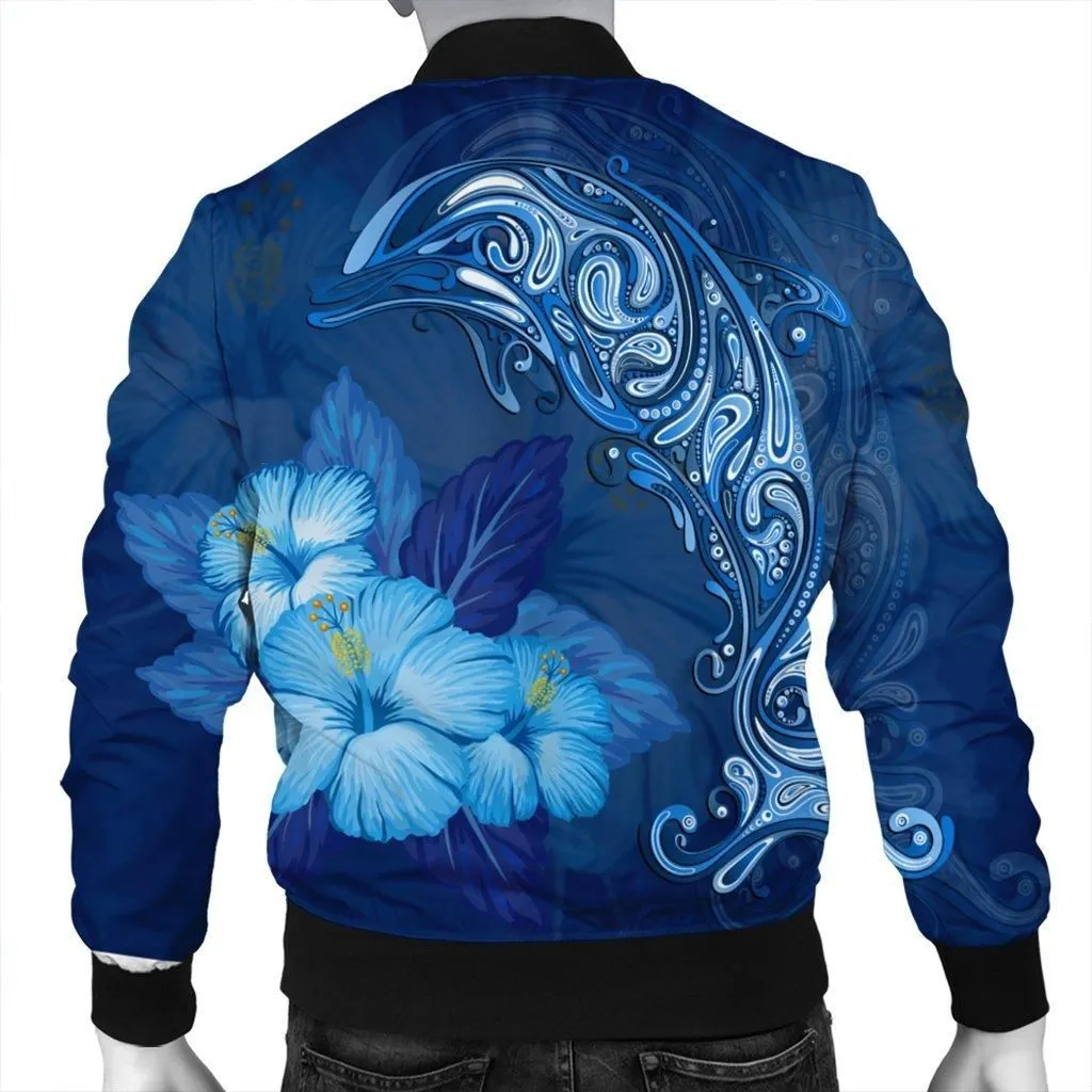 Hawaiian Dolphin Hibiscus Tropic Blue Polynesian Bomber Jacket - AH