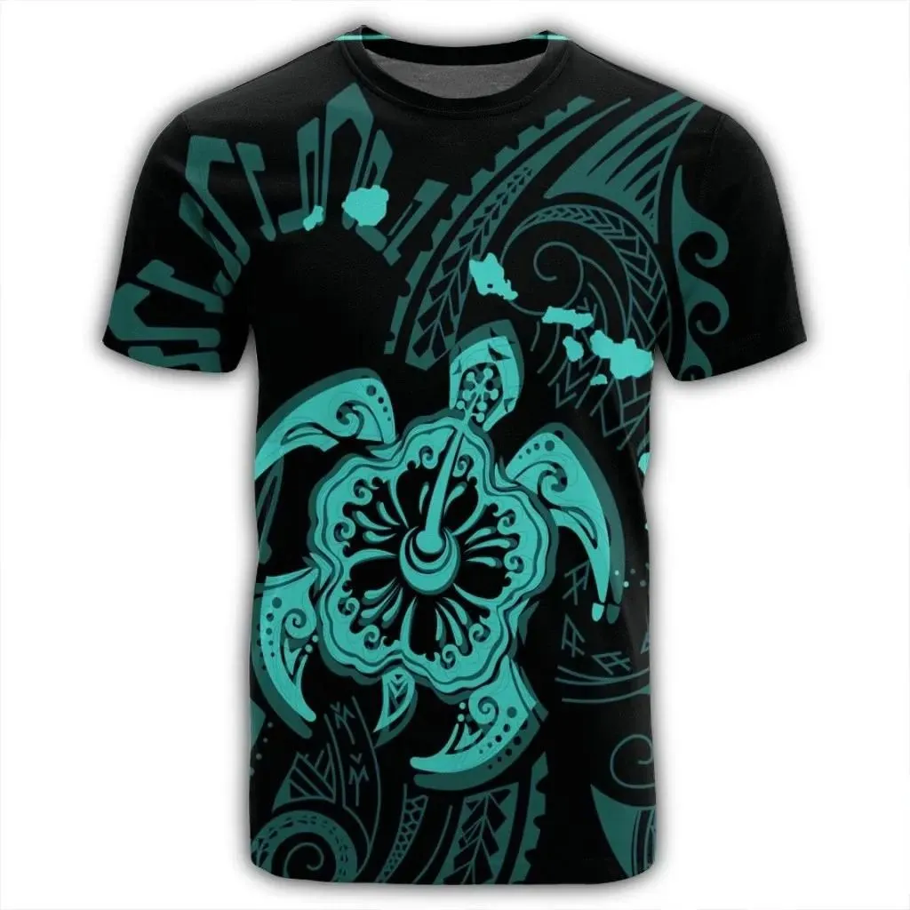 Alohawaii Tee - Hawaiian Map Kanaka Hibiscus Turtle Turquoise Polynesian T-shirt AH - J4R