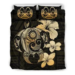 Marquesas Islands Hibiscus Plumeria Mix Polynesian Gold Turtle Bedding Set - J1