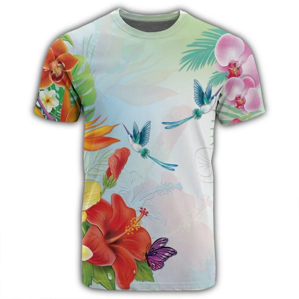 Hawaiian Orchids Strelitzia Hibiscus Plumeria Hummingbirds Polynesian T-Shirt - AH