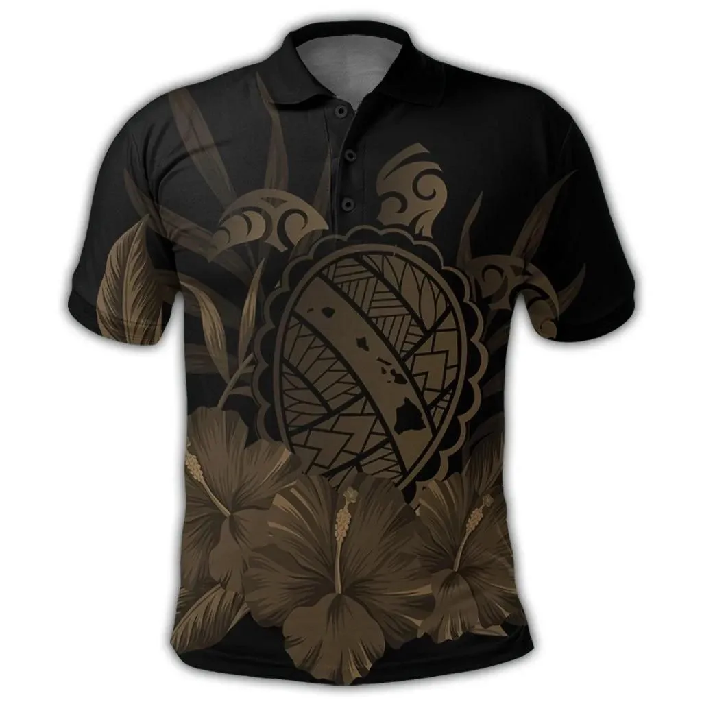 Alohawaii Shirt - Hawaiian Map Turtle Hibiscus Polynesian Polo Shirt - Gold - AH - J4R