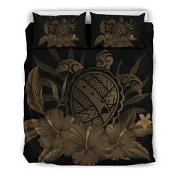 FamilyGater Home Set - Hawaiian Map Turtle Hibiscus Polynesian Bedding Set - Gold - AH J4
