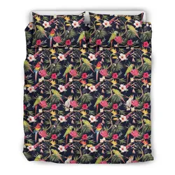 Hawaiian Tropical Hibiscus, Strelitzia Palm Leaves Parrot Toucan Polynesian Bedding Set