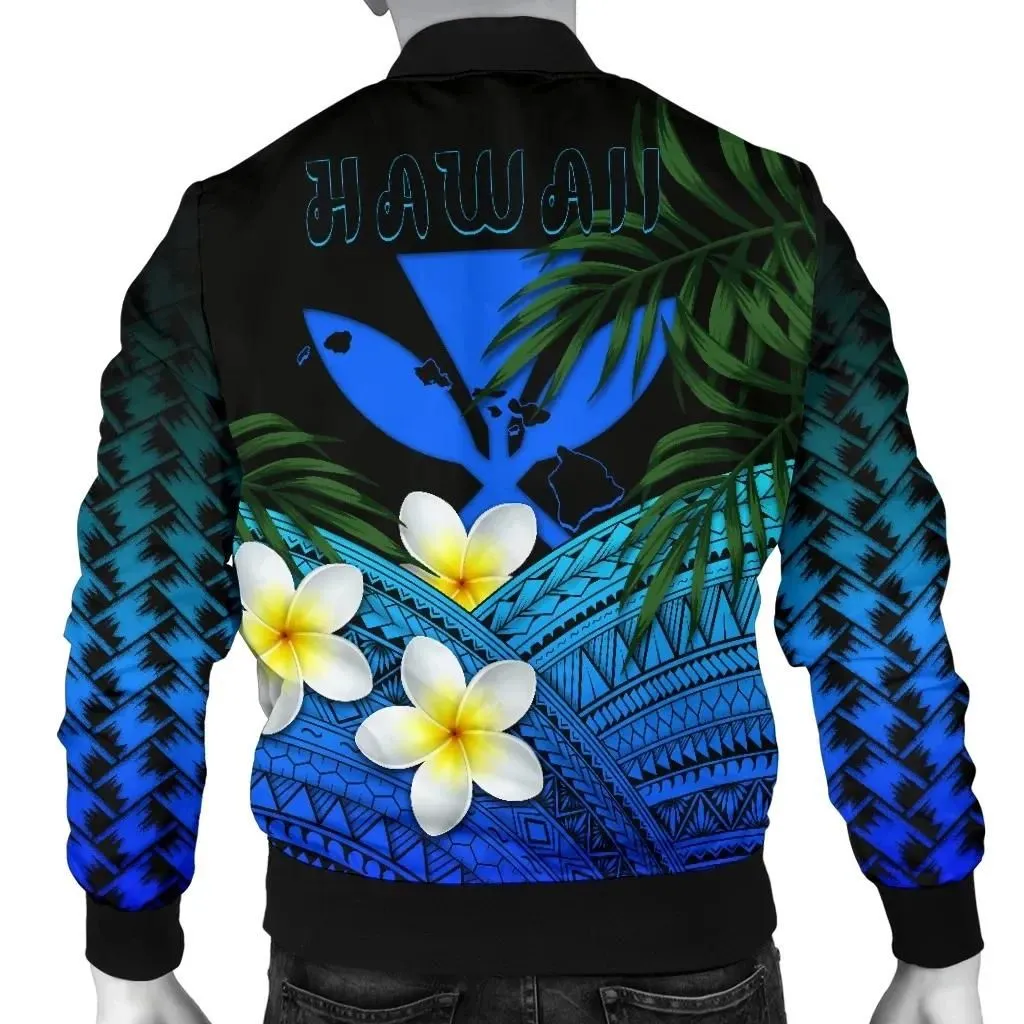 Alohawaii Jacket - Bomber Jacket Kanaka Maoli (Hawaiian) Polynesian Plumeria Banana Leaves Blue A02