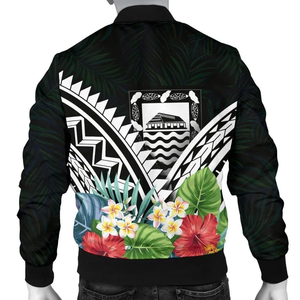 Tuvalu Mens Bomber Jacket - Tuvalu Caledonia Coat of Arms and Polynesian Tropical Flowers White