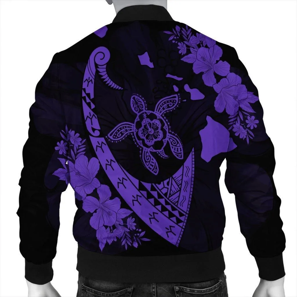 Hawaiian Map Hibiscus Turtle Fish Hook Polynesian Bomber Jacket Purple - AH