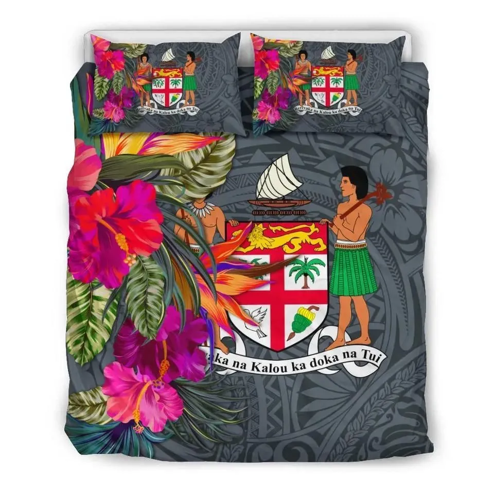 Vibe Hoodie Fiji Bedding Set - Hibiscus Polynesian Pattern Gray Version