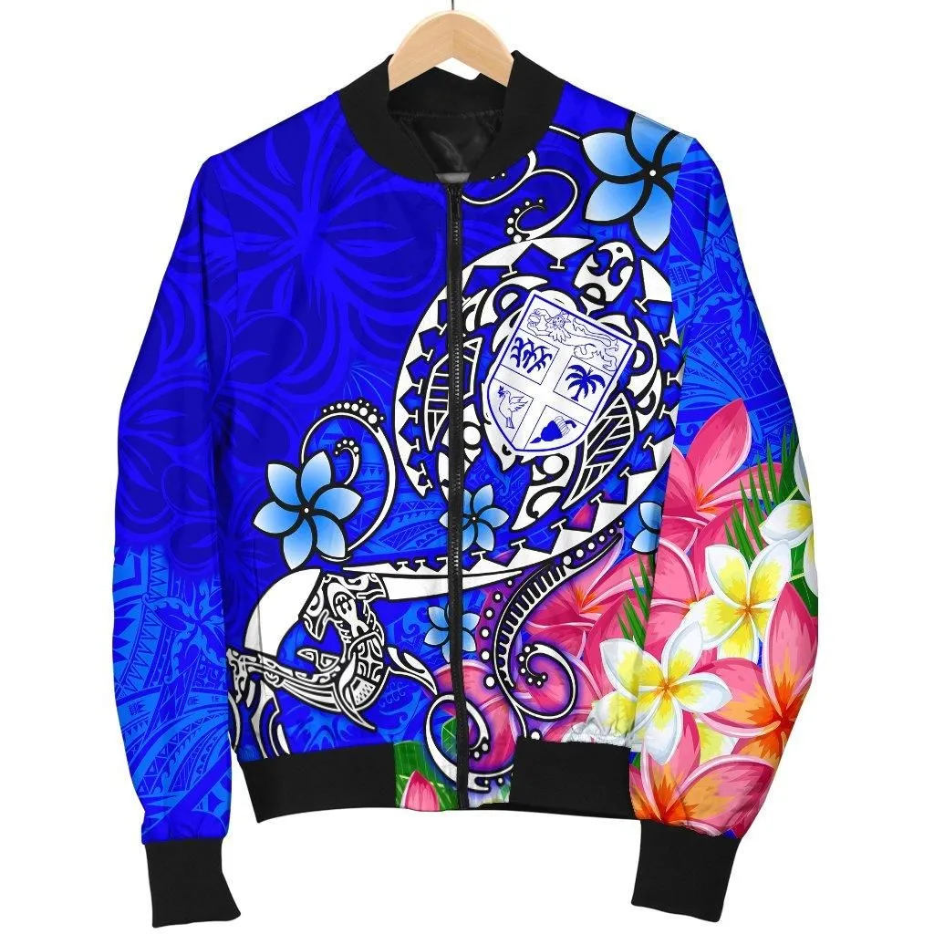 Fiji Mens Bomber Jacket - Turtle Plumeria (Blue)