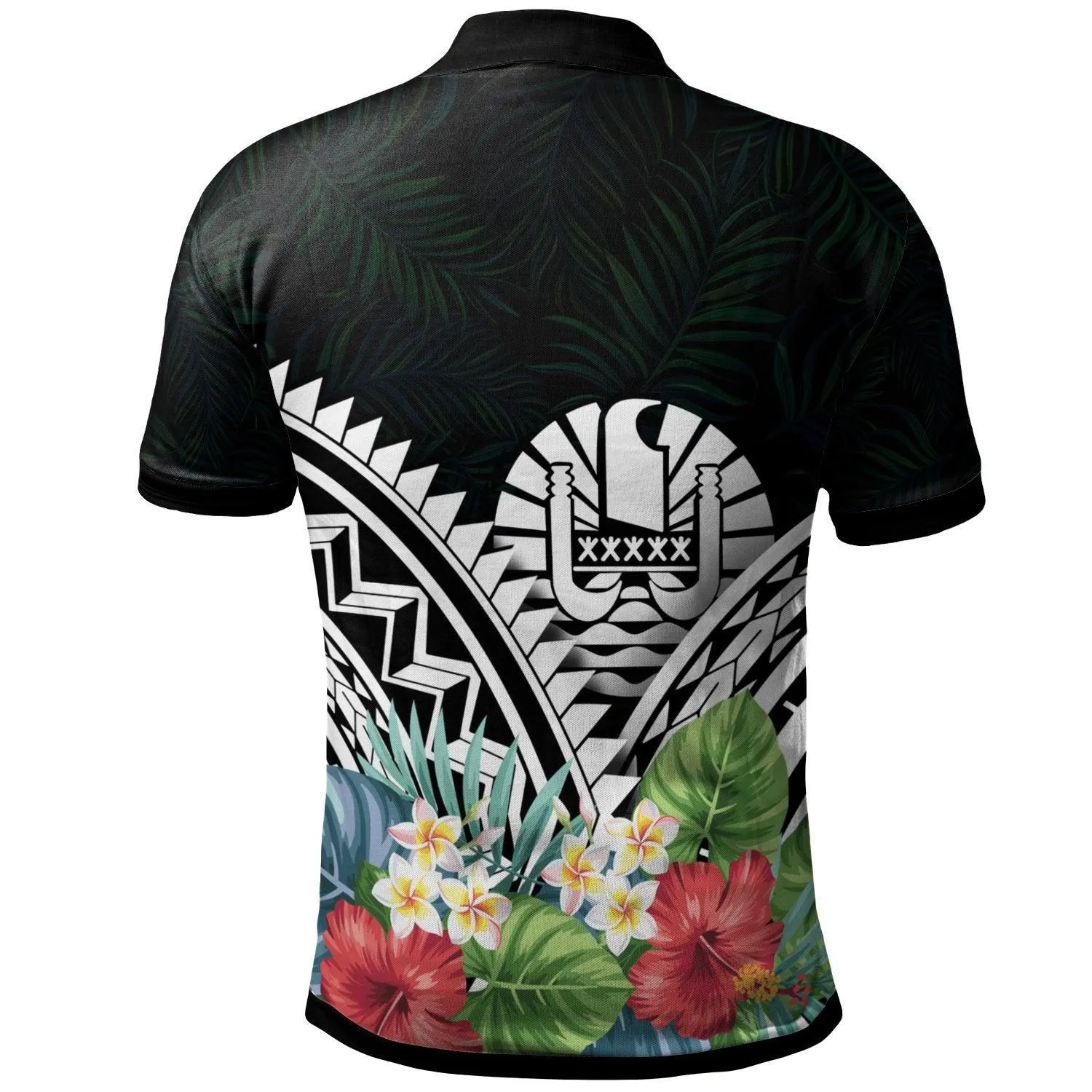 Tahiti Polo Shirt - Tahiti Coat of Arms & Polynesian Tropical Flowers White