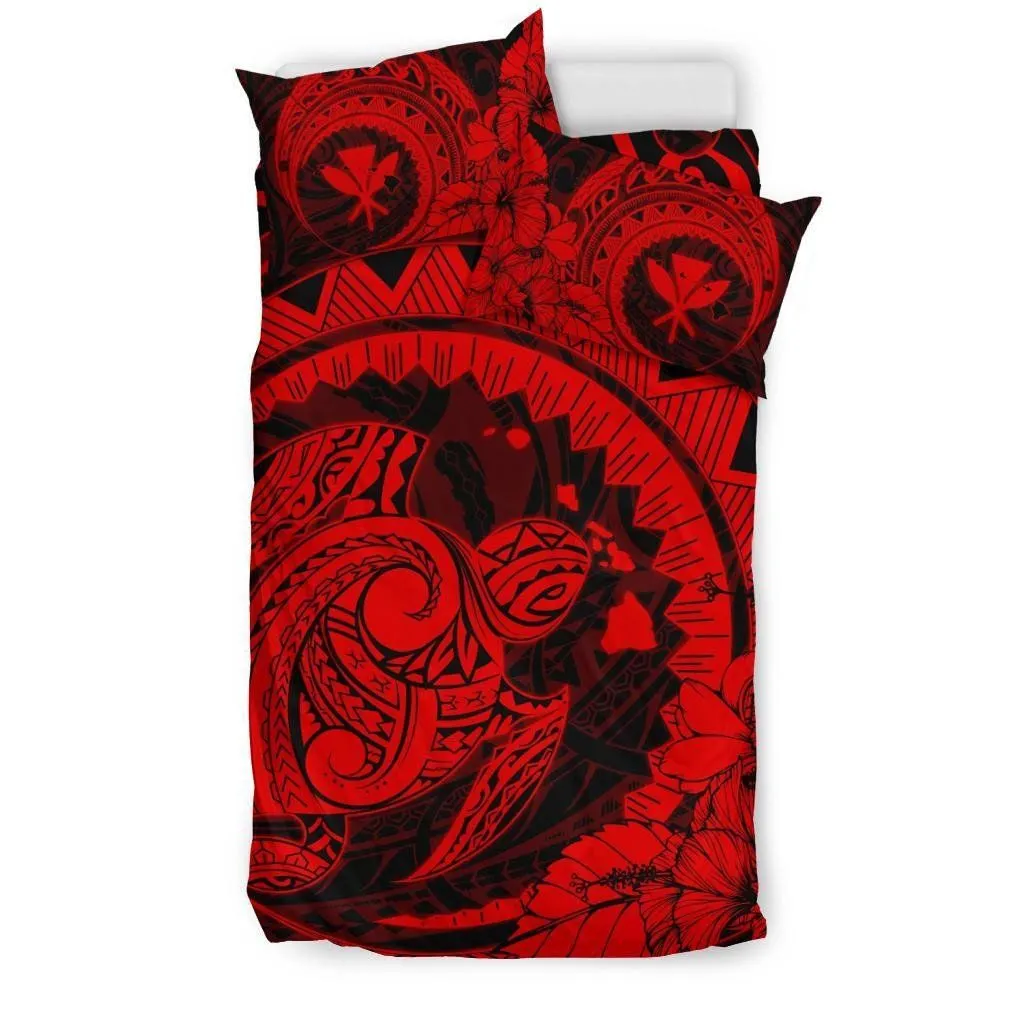 FamilyGater Bedding Set - Cover and Pillow Cases Hawaiian Map Kanaka Honu Hibiscus Red Globular Polynesian - AH - JD