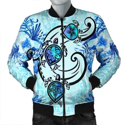Hawaii Polynesian Plumeria Hibiscus Turtle Bomber Jacket - Jack Style - Blue
