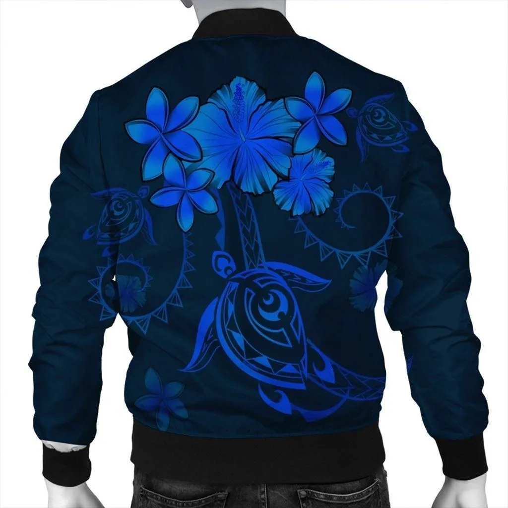 Hawaiian Turtles Hibiscus Plumeria Polynesian Bomber Jacket - Blue