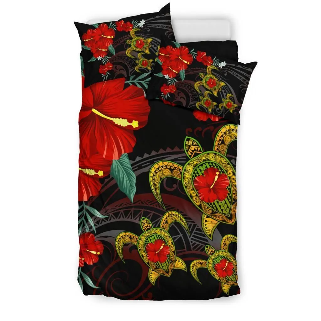 Hawaii Turtle Hibiscus Polynesian Bedding Set - Black - Adela Style - AH