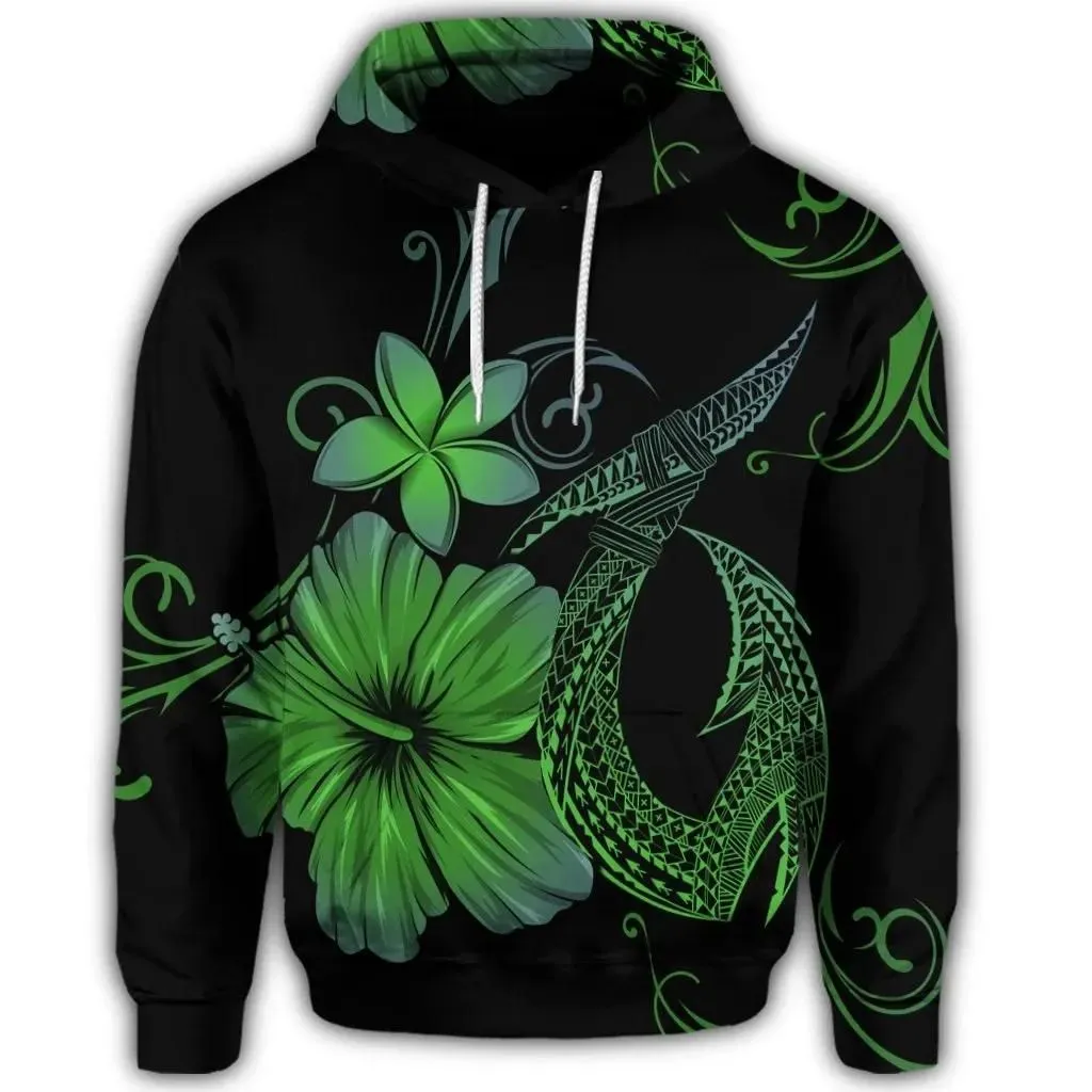 Alohawaii Hoodie - Hawaiian Fish Hook Hibiscus Plumeria Polynesian Hoodie - Green - AH - J4R