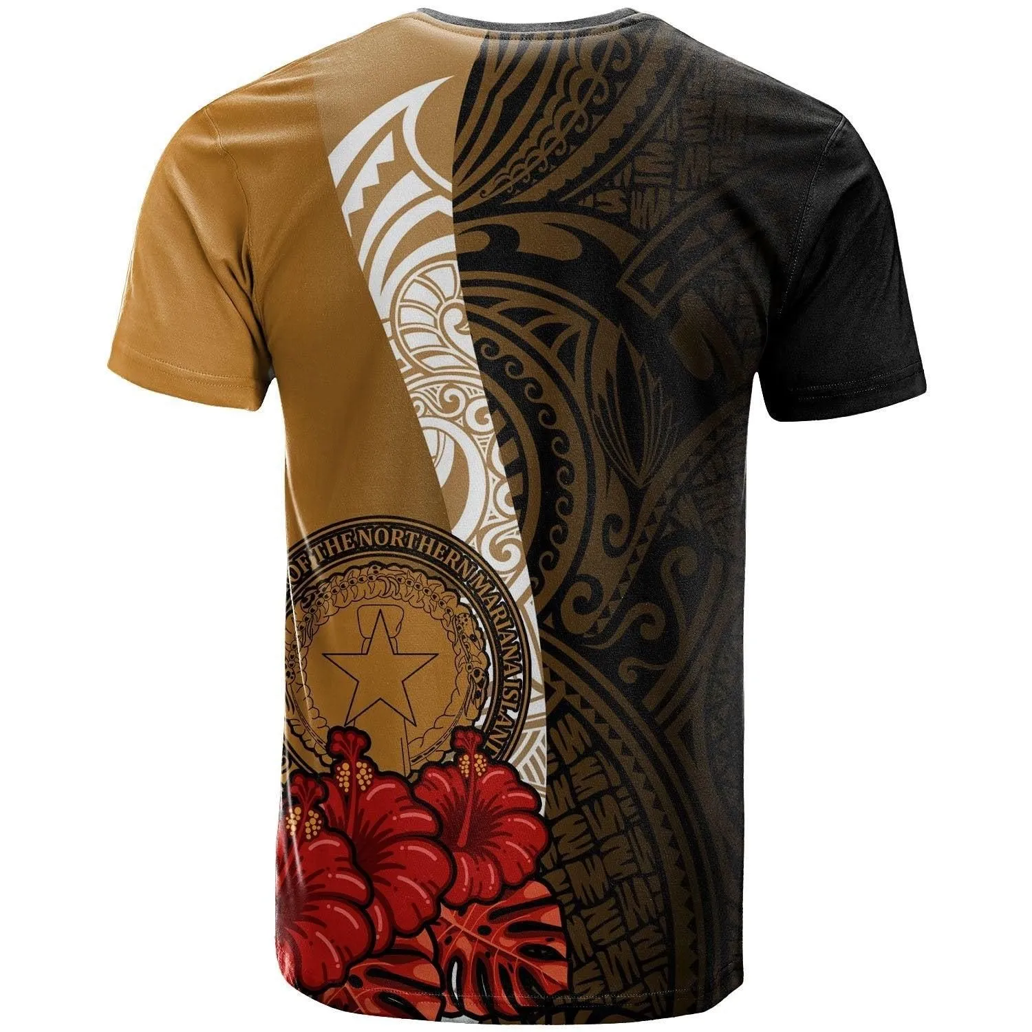 Northern Mariana Islands Polynesian T shirt - Coat Of Arms With Hibiscus Gold