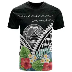 American Samoa Polynesian T Shirts - American Samoa Coat of Arms & Polynesian Tropical Flowers White