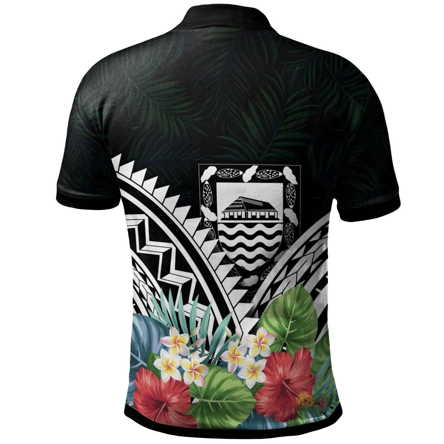 Tuvalu Polo Shirt - Tuvalu Coat of Arms and Polynesian Tropical Flowers White