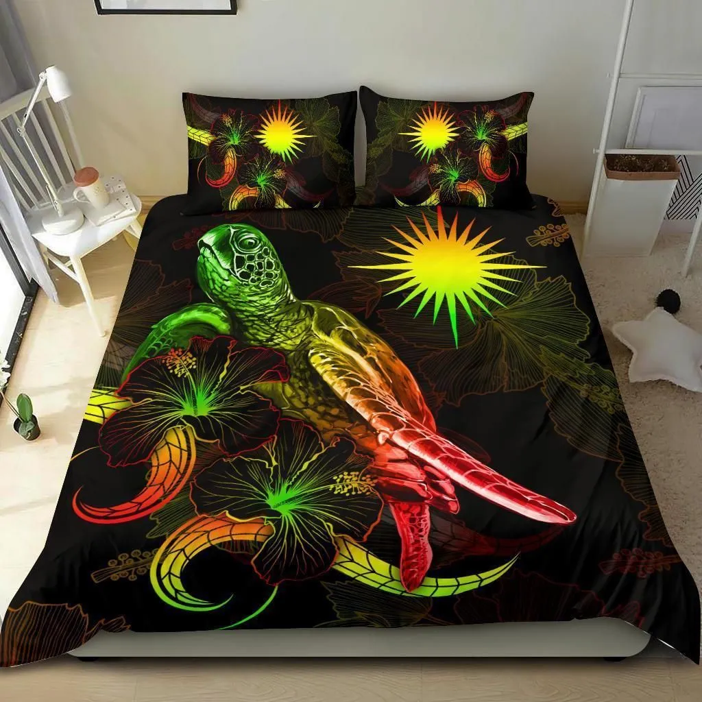 Marshall Islands Polynesian Bedding Set - Turtle With Blooming Hibiscus Reggae