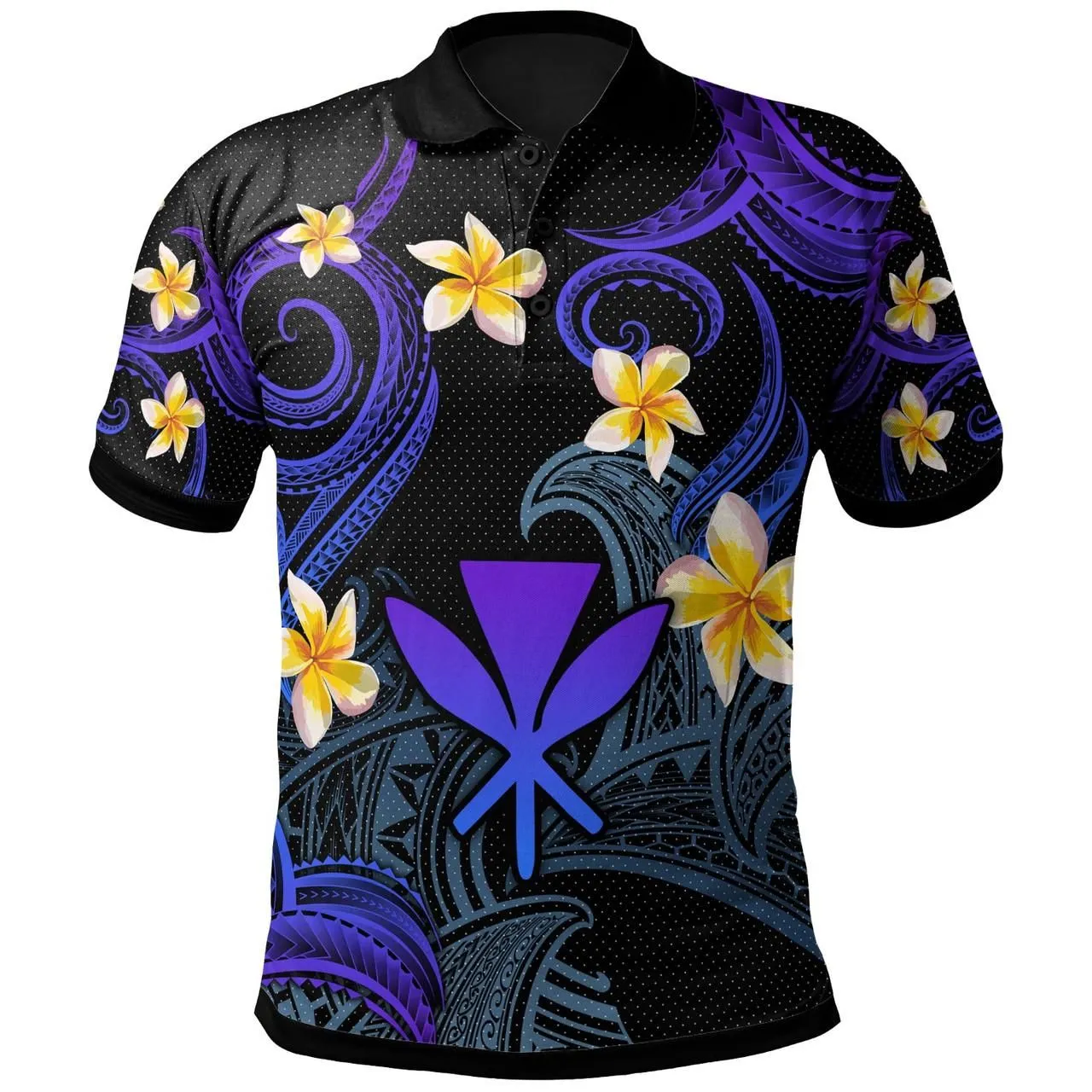 Kanaka Maoli Polo Shirt - Custom Personalised Polynesian Waves with Plumeria Flowers (Blue)
