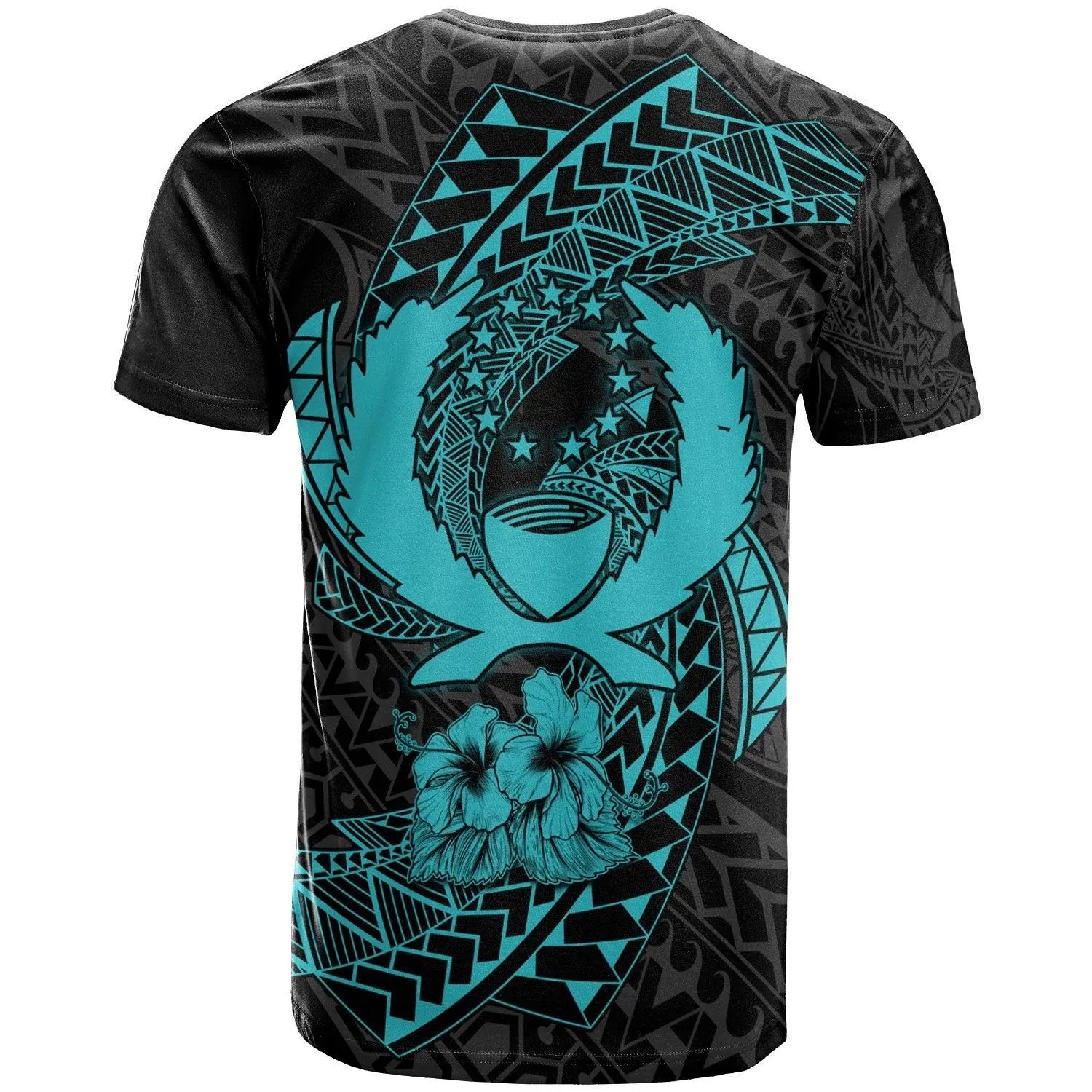 Pohnpei Micronesian T-Shirt Turquoise - Spiral Pattern Hibiscus