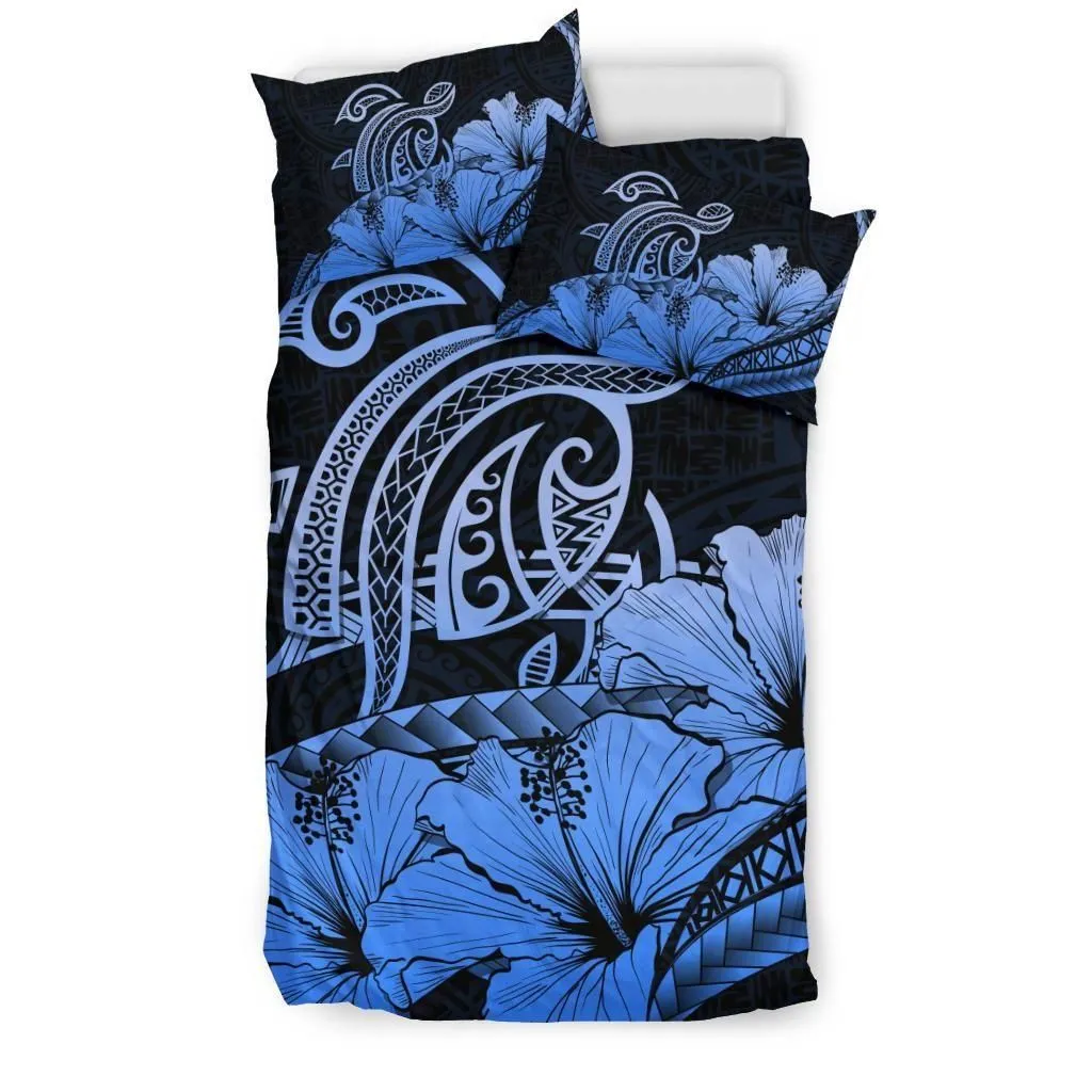 FamilyGater Bedding Set - Cover and Pillow Cases Hawaiian Map Hibiscus Turtle Polynesian Blue - AH - J1