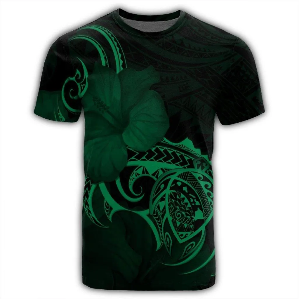 Hawaii Map Turtle Hibiscus Divise Polynesian T-Shirt Green - AH