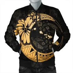 Hawaiian Map Hibiscus Turtle Polynesian Moon Bomber Jacket Gold - AH