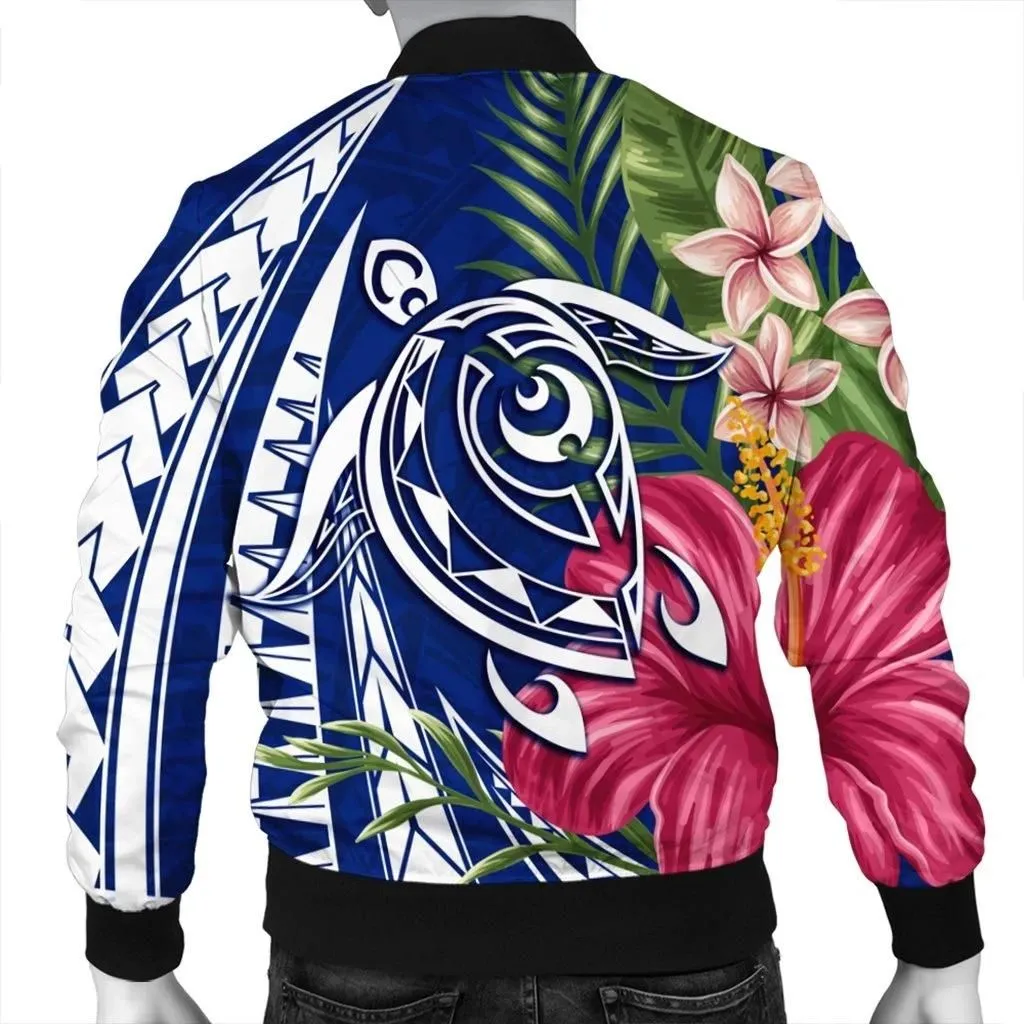 FamilyGater Jacket - Hawaii Polynesian Turtle Tropical Hibiscus Plumeria Bomber Jacket - Blue - AH - J4R
