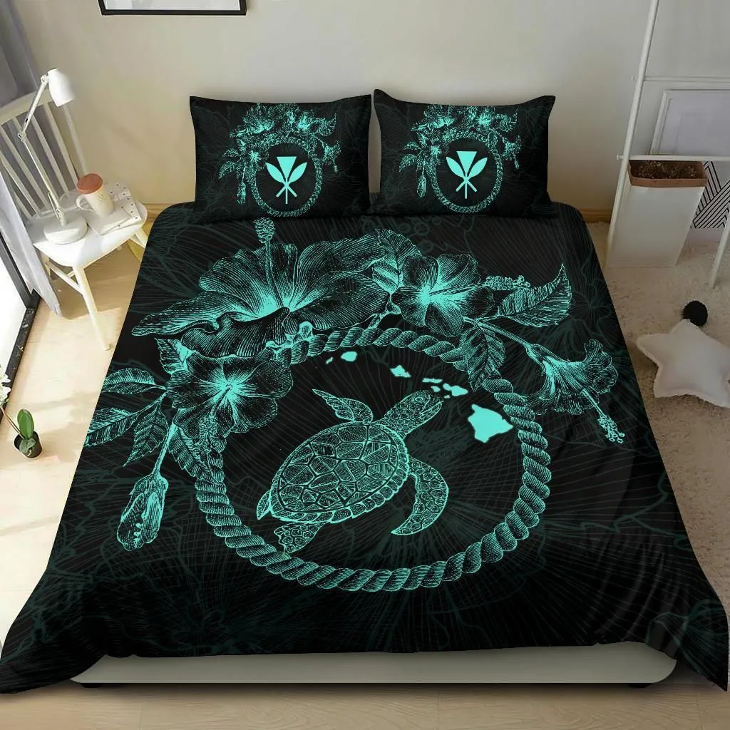 Polynesian Hawaii Bedding Set - Blue Turtle Hibiscus Flower Frame Vintage