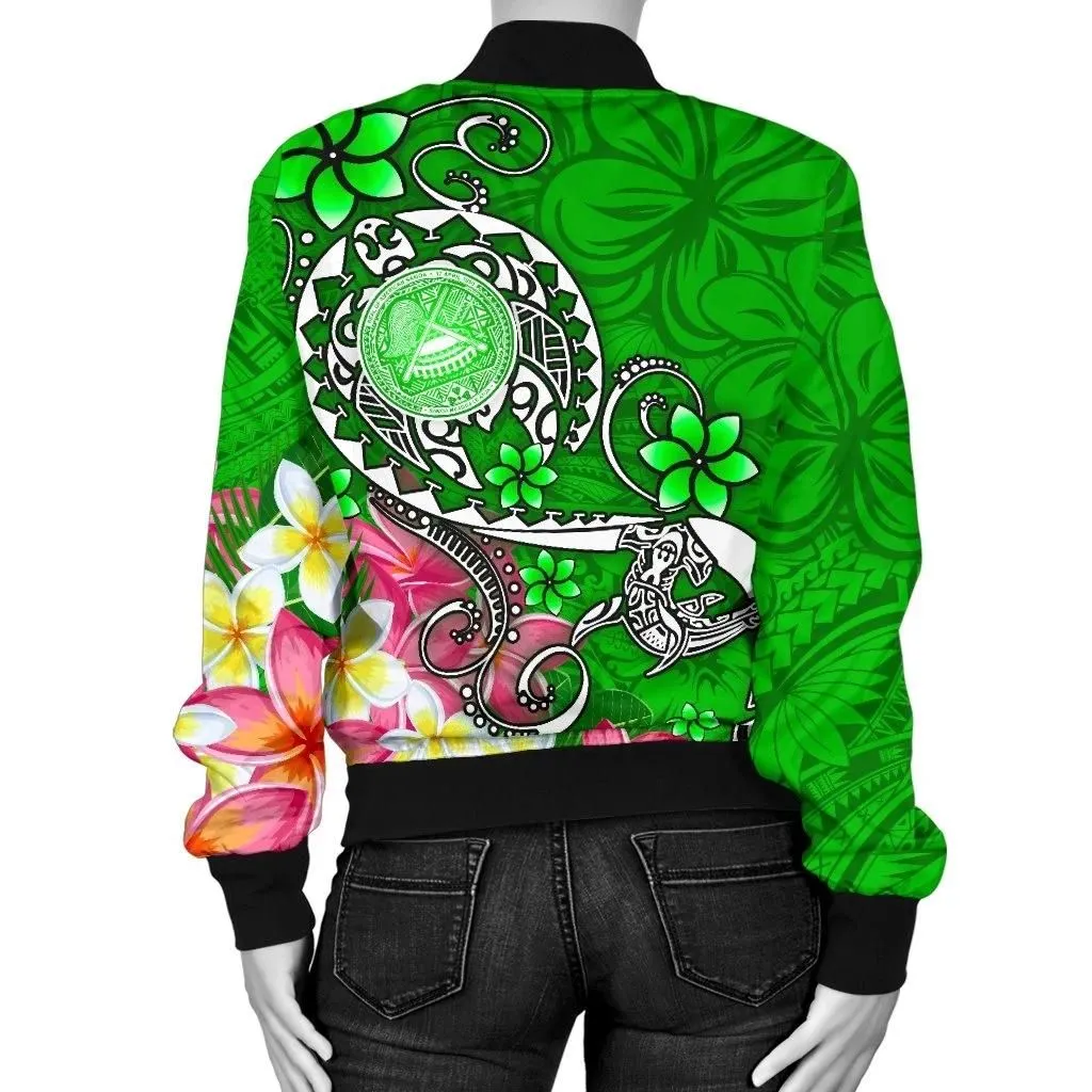 American Samoa Polynesian Women's Bomber Jacket - Turtle Plumeria (Green) - BN18