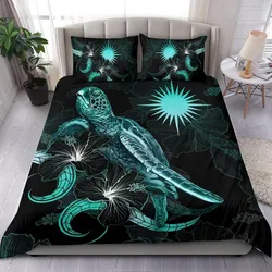 Marshall Islands Polynesian Bedding Set - Turtle With Blooming Hibiscus Turquoise