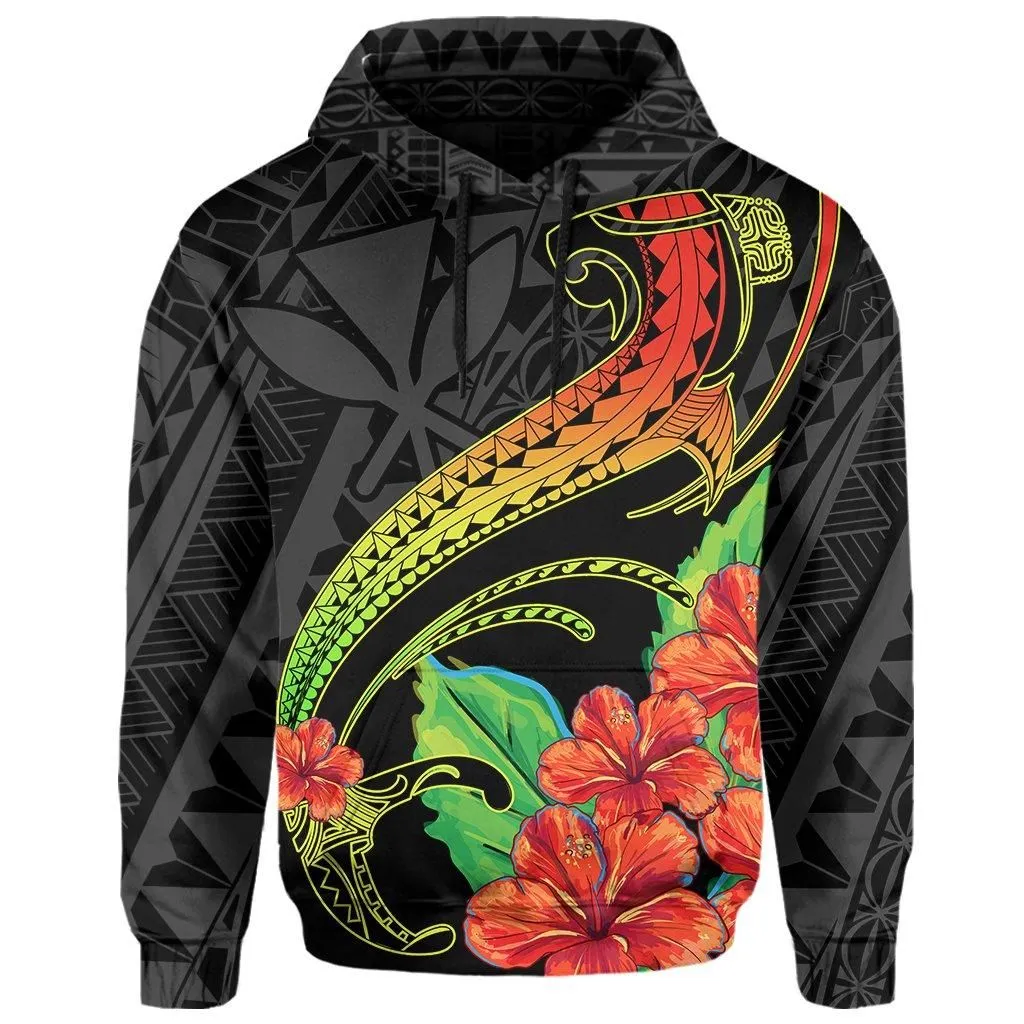 Hawaii Kanaka Map Shark Hibiscus Polynesian Hoodie - Grey - Morti Style - AH