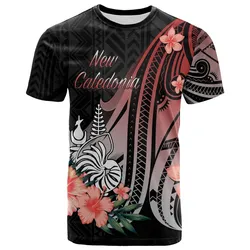 New Caledonia T shirt - Red Polynesian Hibiscus Pattern Style