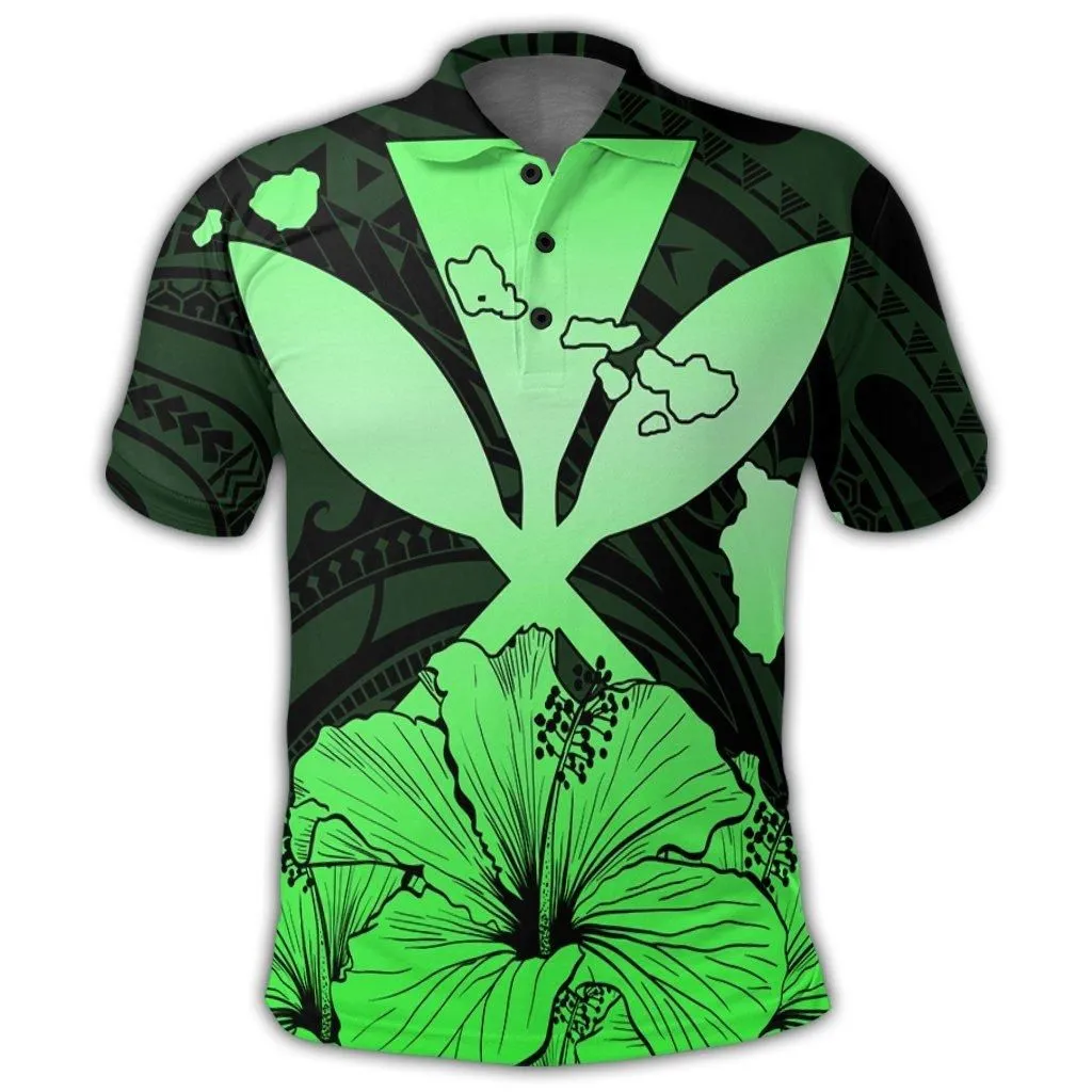 Hawaiian Kanaka Polo Shirt Hibiscus Polynesian Love - Green - AH