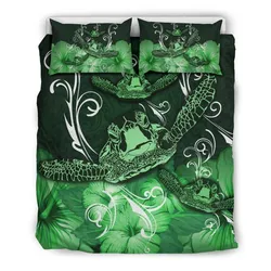 FamilyGater Bedding Set - Cover and Pillow Cases Hawaii Polynesian Turtle Waves Hibiscus - Erik Style - AH - Green - J5