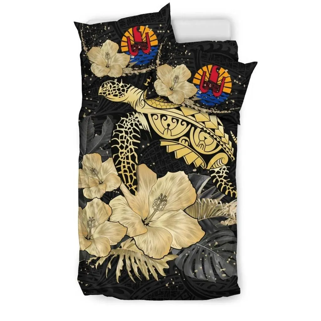 FamilyGater Bedding Set - Cover and Pillow Cases Tahiti - Turtle Hibiscus Gold Special A24