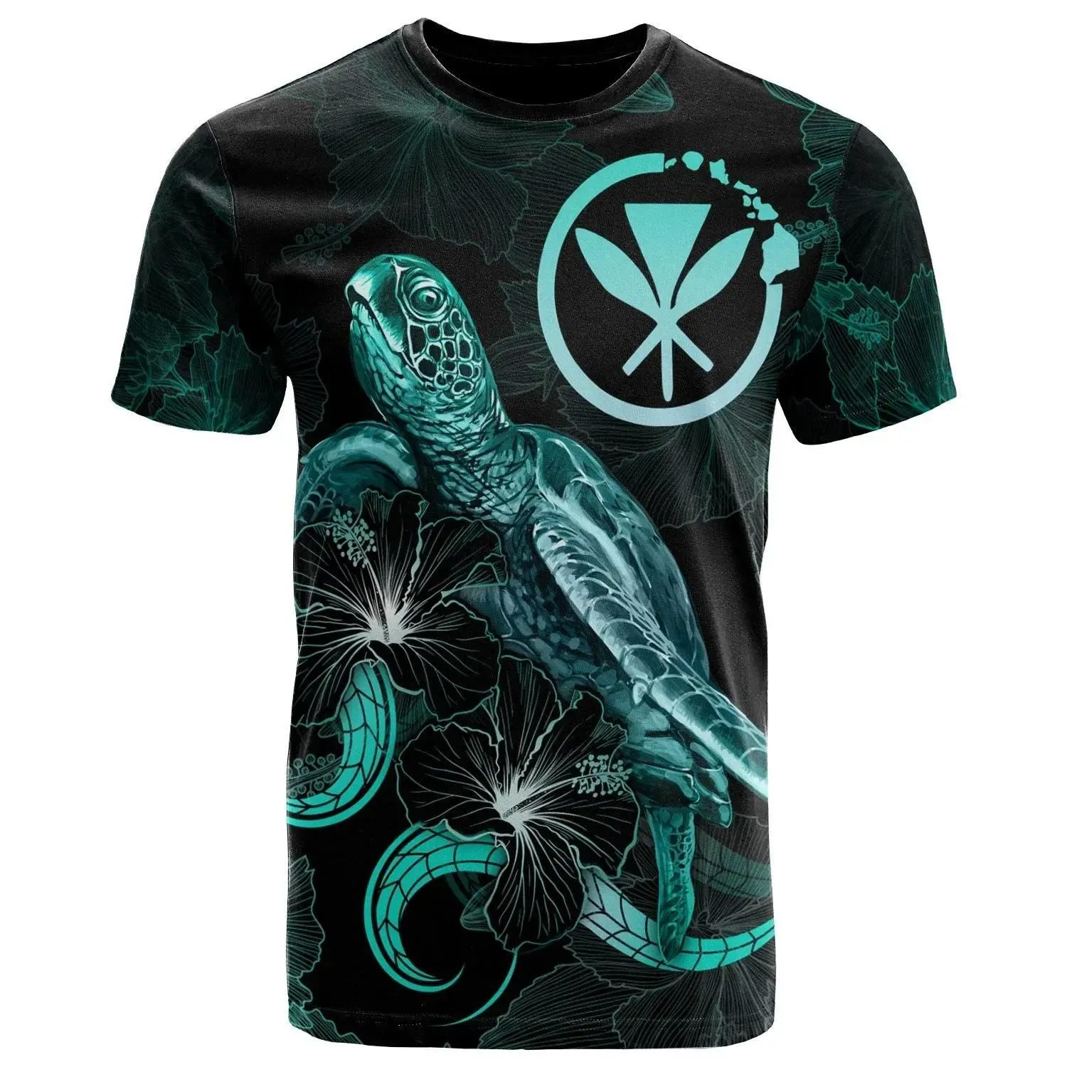 Hawaii Polynesian T-Shirt - Turtle With Blooming Hibiscus Turquoise - BN22