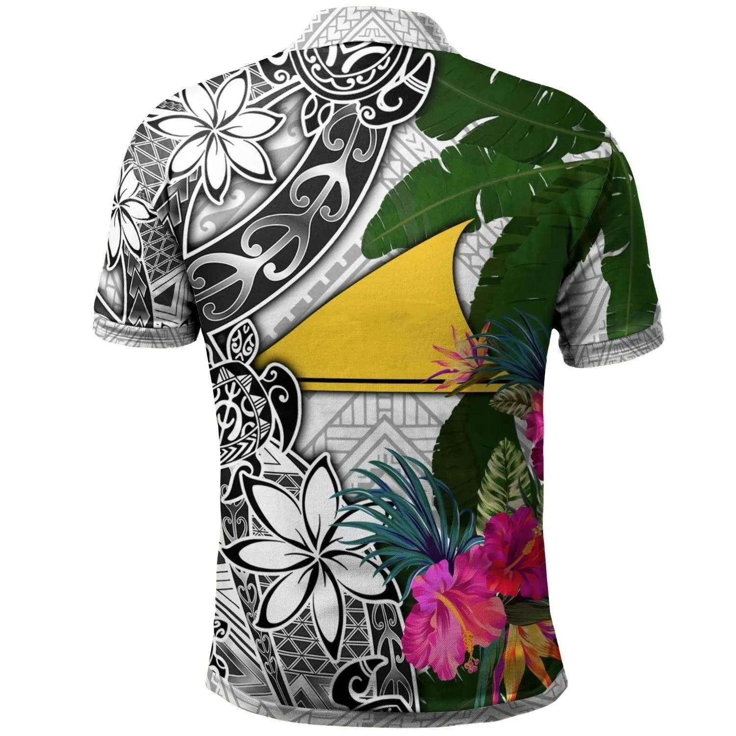 Tokelau Polo Shirt White - Turtle Plumeria Banana Leaf - BN11