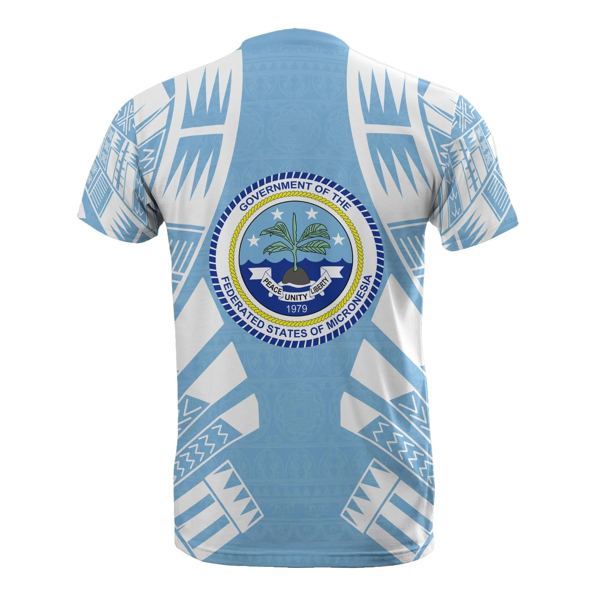 Federated States of Micronesia T-Shirt - F S M Seal Polynesian Tattoo Light Blue Style