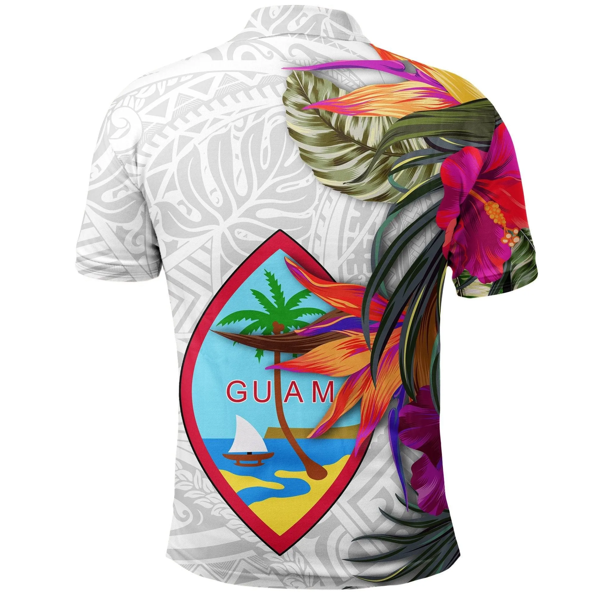 Guam Polo Shirt Polynesian Hibiscus White Pattern