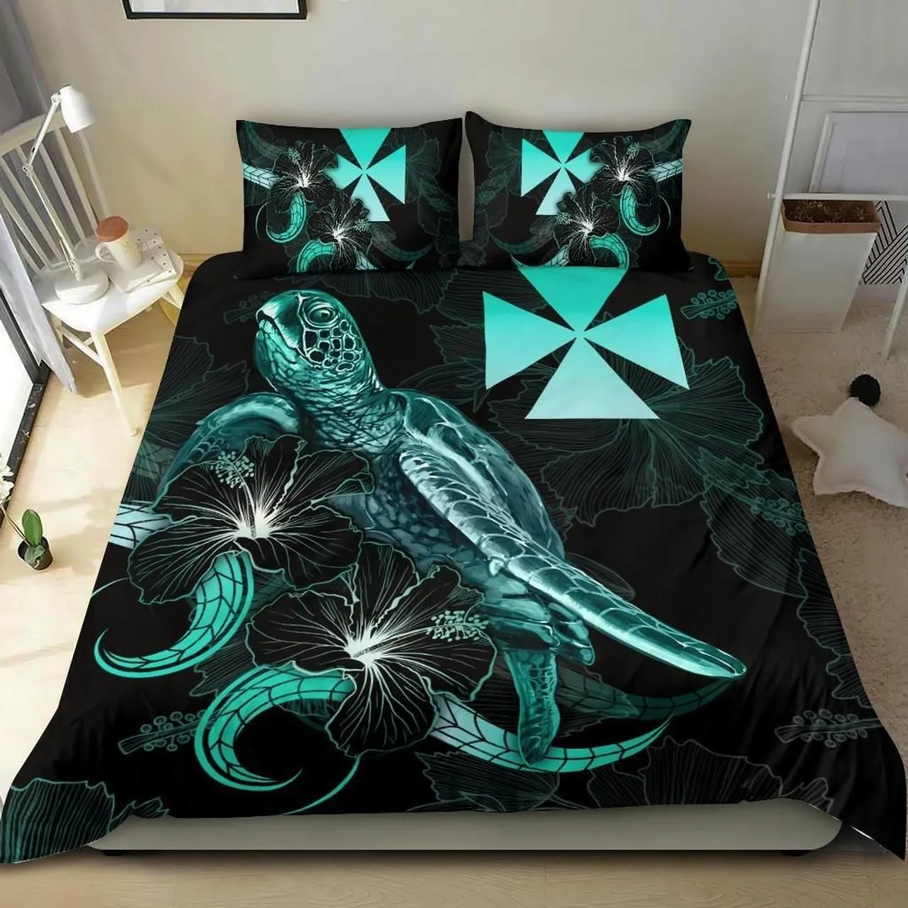 Wallis And Futuna Polynesian Bedding Set - Turtle With Blooming Hibiscus Turquoise