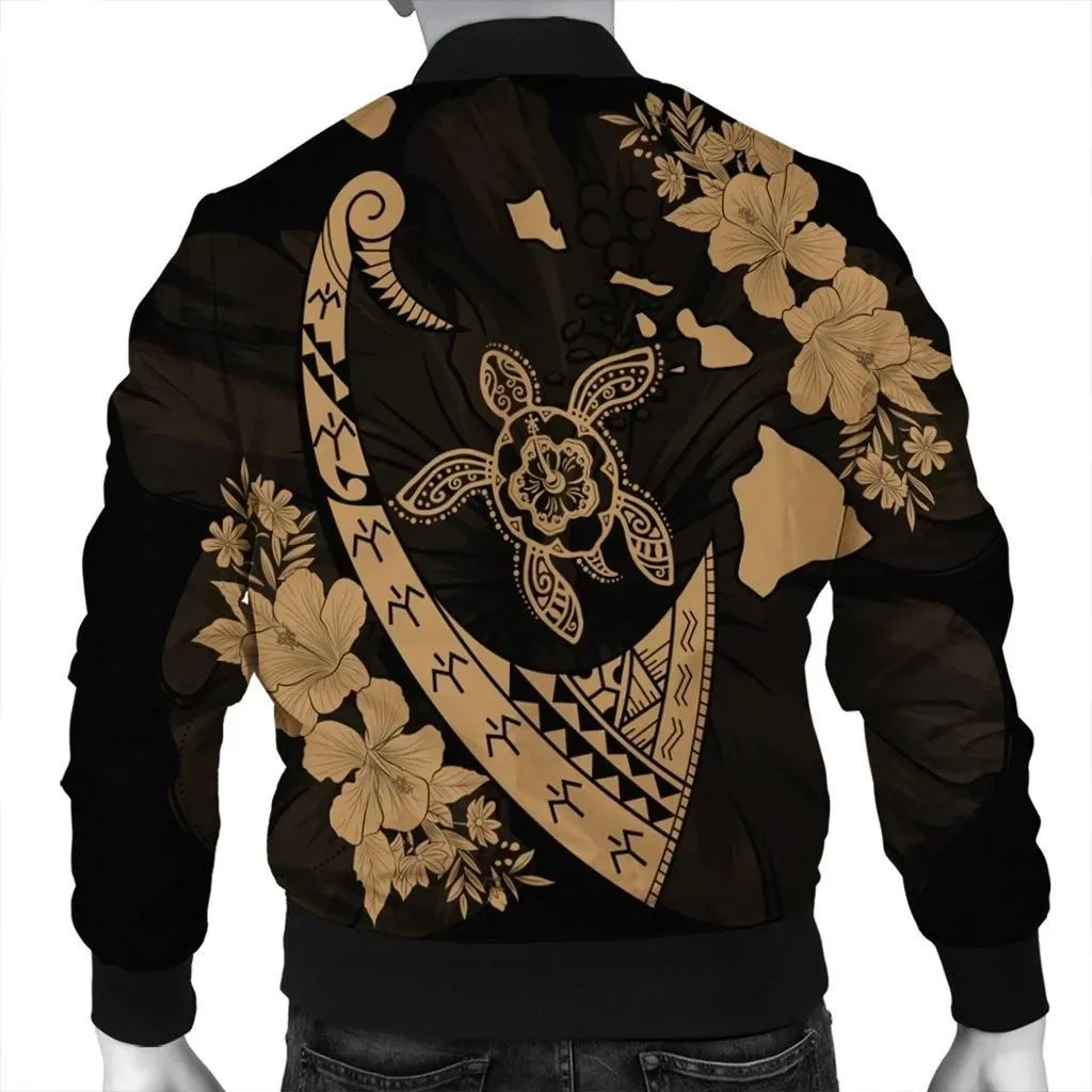 Alohawaii Jacket - Hawaiian Map Hibiscus Turtle Fish Hook Polynesian Bomber Jacket Gold - AH - J5R