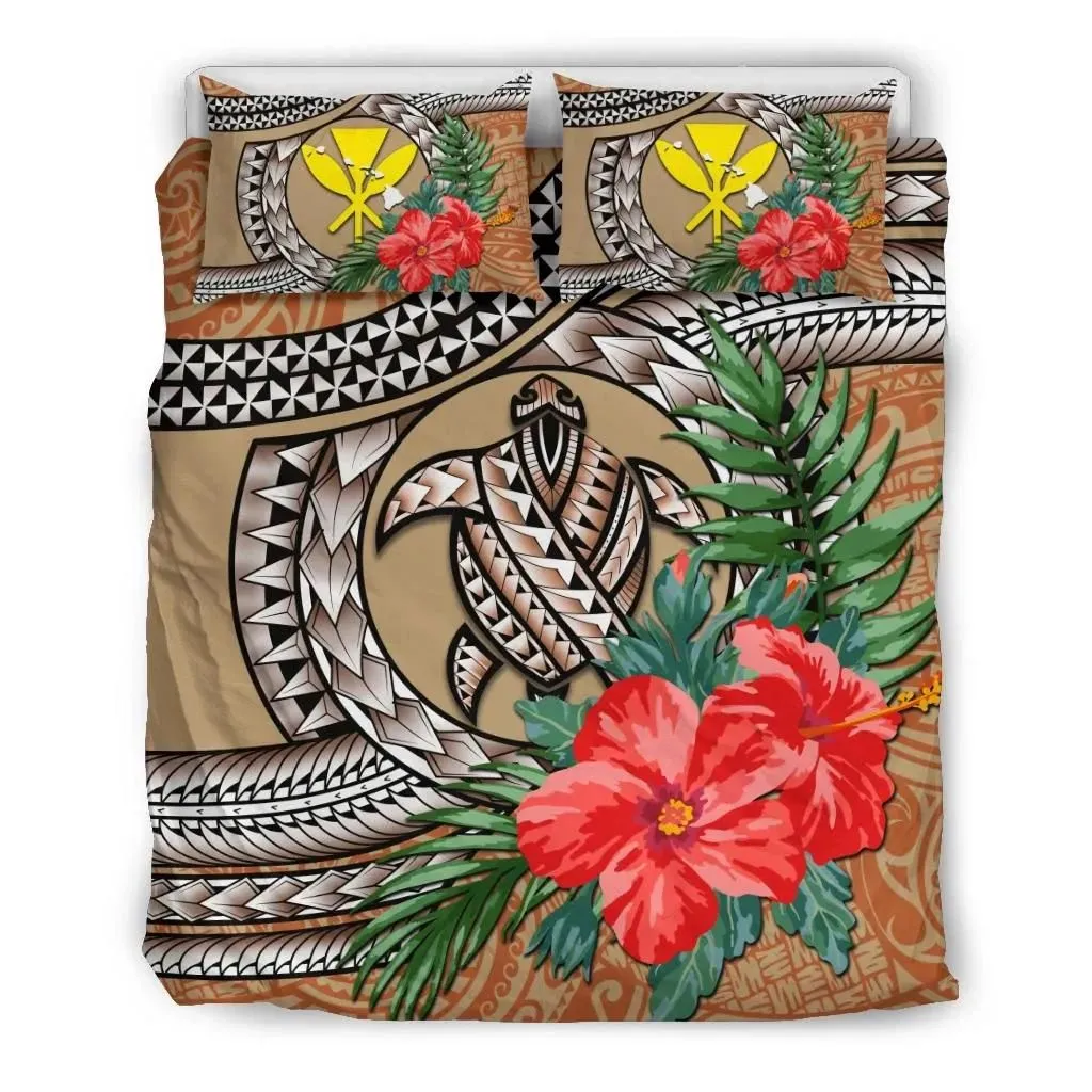 Kanaka Maoli (Hawaiian) Bedding Set - Polynesian Turtle Hibiscus Orange A24